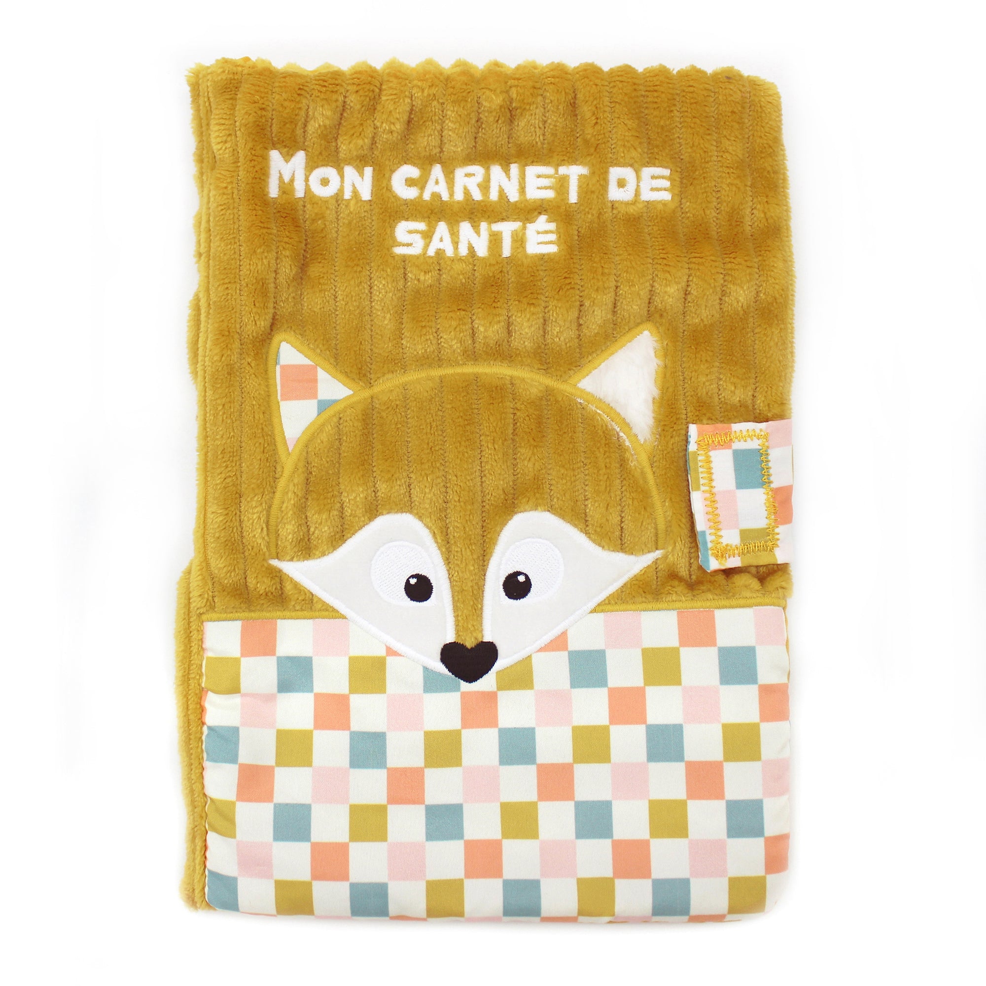 Protège carnet de santé pour bébé de la marque Déglingos, modèle Cyranos le renard. Housse douce en tissu côtelé jaune moutarde avec une tête de renard en relief, oreilles et museau brodés. Poche à carreaux colorés (orange, bleu, vert, blanc) et fermeture velcro. Inscription "Mon carnet de santé" brodée en blanc sur le haut. Accessoire original et ludique pour enfant, conforme aux normes CE.