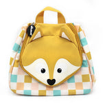 Trousse de toilette enfant Cyranos de la marque Déglingos, en tissu à carreaux pastel avec une tête de renard jaune en relief à l'avant. Modèle ludique et coloré, doté d'une poignée de transport et d’un zip, parfait pour les déplacements.