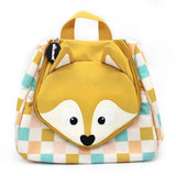 Trousse de toilette enfant Cyranos de la marque Déglingos, en tissu à carreaux pastel avec une tête de renard jaune en relief à l'avant. Modèle ludique et coloré, doté d'une poignée de transport et d’un zip, parfait pour les déplacements.