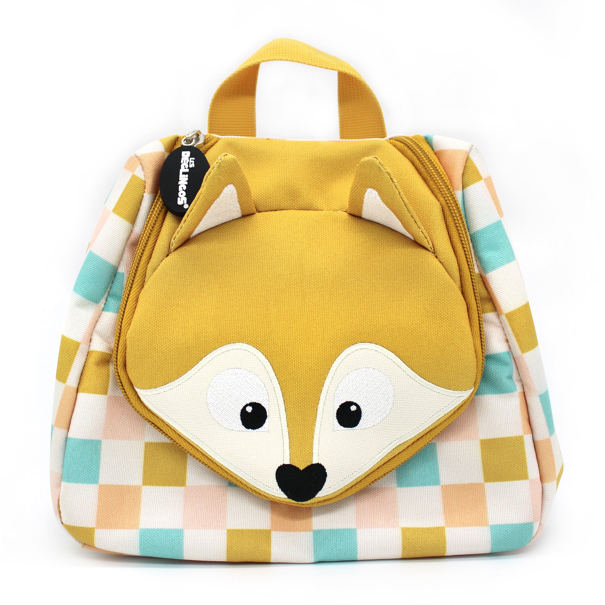 Trousse de toilette enfant Cyranos de la marque Déglingos, en tissu à carreaux pastel avec une tête de renard jaune en relief à l'avant. Modèle ludique et coloré, doté d'une poignée de transport et d’un zip, parfait pour les déplacements.