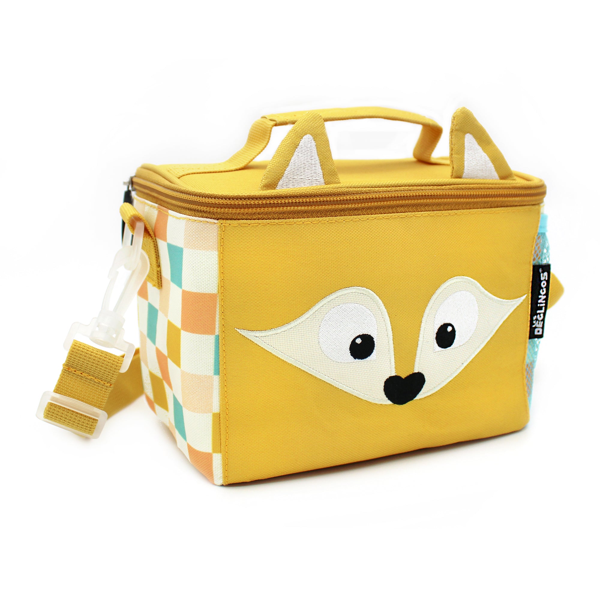 Petit sac isotherme jaune de la marque Déglingos, modèle Cyranos le renard, avec visage de renard brodé sur le devant, oreilles en relief sur le dessus, côtés à carreaux colorés (orange, bleu, vert, crème), poignée supérieure, bandoulière ajustable et fermeture zippée. Compact, ludique et pratique pour transporter repas ou médicaments.