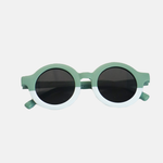 Lunettes de soleil bébé catégorie 3 Hop'Pop bicolores vert et blanc, verres ronds noirs haute protection anti-UV, idéales pour forte luminosité.
