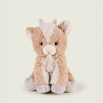 peluche bouillotte en forme de bouc blanc et marron vu de face