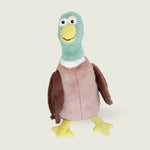 Bouillotte peluche en forme de canard de la marque Warmies, vu de face, avec une tête verte, un bec jaune et un corps marron 