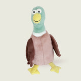 Bouillotte peluche en forme de canard de la marque Warmies, vu de face, avec une tête verte, un bec jaune et un corps marron 