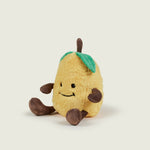 Bouillotte peluche en forme de citron jaune avec jambes et bras marron et visage souriant 