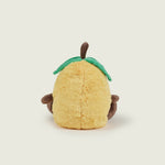 Bouillotte peluche en forme de citron jaune avec jambes et bras marron et visage souriant positionné de dos