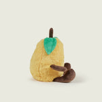 Bouillotte peluche en forme de citron jaune avec jambes et bras marron et visage souriant positionné de profils