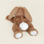 Bouillotte peluche lapin, marron et blanc . Il est allongé, vu de derrière 