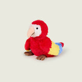 Bouillotte peluche en forme de perroquet, Pelage rouge et blanc sur la tête. Bec crème et pattes marrons. bout des ailes jaune et bleu. 