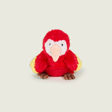 Bouillotte peluche en forme de perroquet, Pelage rouge et blanc sur la tête. Bec crème et pattes marrons