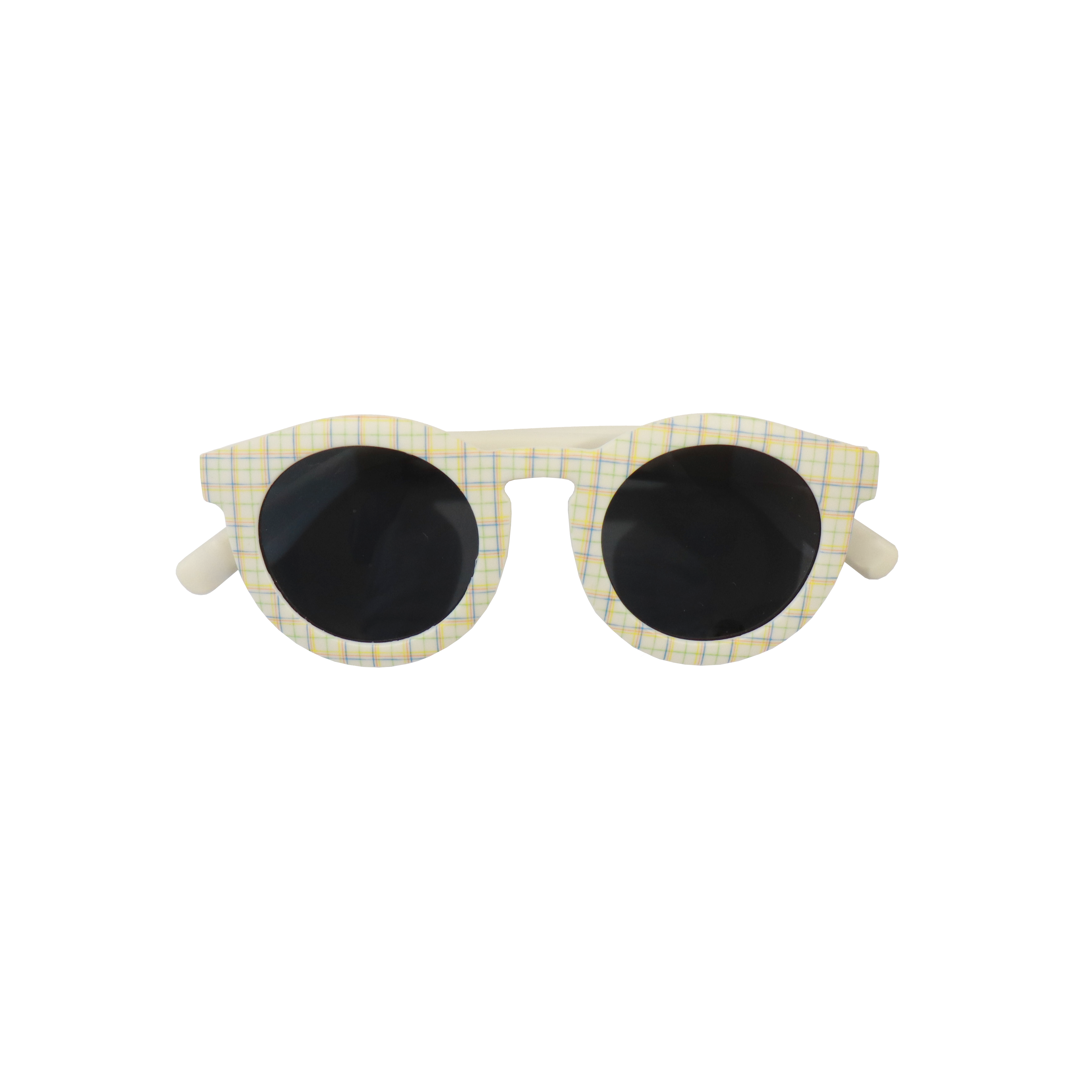 Lunettes de soleil pour adulte avec monture ronde à motif tartan, branches souples créme, et verres noirs polarisés – modèle Hop'Pop CAT3, conçu pour une haute protection anti-UV.