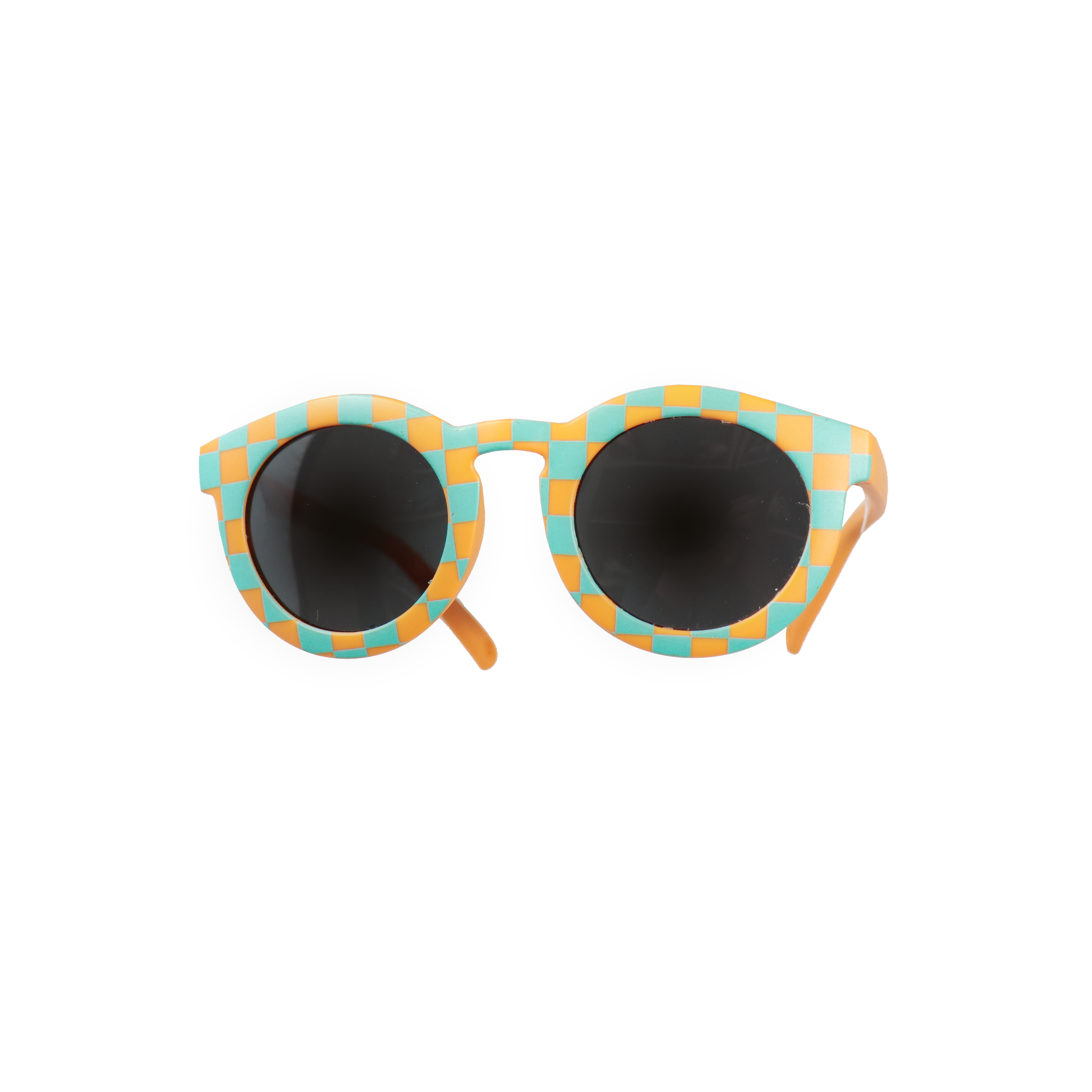 Lunettes de soleil pour adulte avec monture ronde à motif vichy bleu et moutarde, branches souples moutarde, et verres noirs polarisés – modèle Hop'Pop CAT3, conçu pour une haute protection anti-UV.