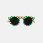 Lunettes de soleil pour adulte avec monture ronde à motif vichy vert et rose, branches souples rose, et verres noirs polarisés – modèle Hop'Pop CAT3, conçu pour une haute protection anti-UV.