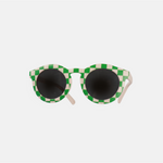 Lunettes de soleil pour enfants avec monture ronde à motif vichy vert, branches souples rose, et verres noirs polarisés – modèle Hop'Pop CAT4, conçu pour une haute protection anti-UV.