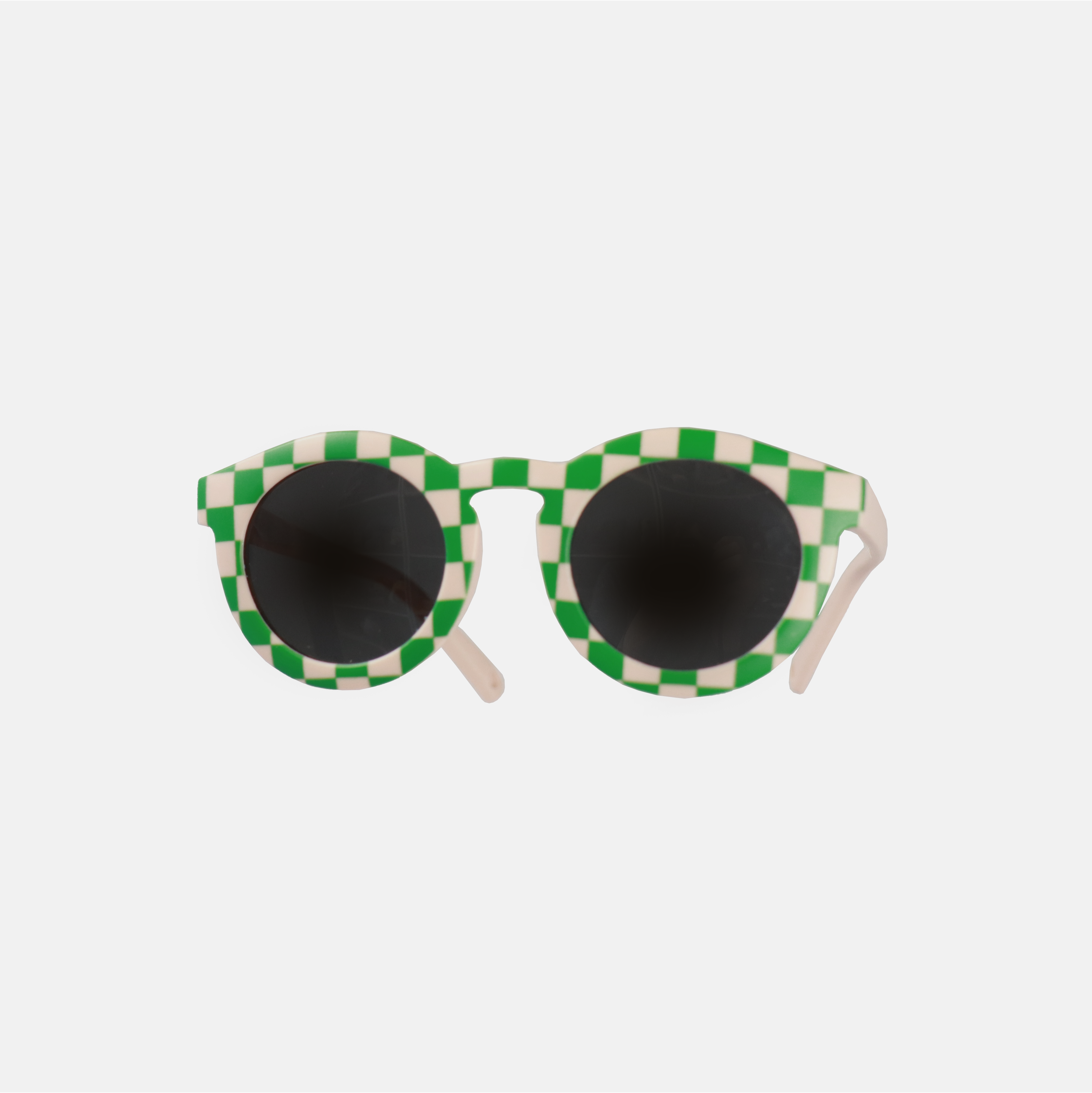 Lunettes de soleil pour enfants avec monture ronde à motif vichy vert, branches souples rose, et verres noirs polarisés – modèle Hop'Pop CAT4, conçu pour une haute protection anti-UV.