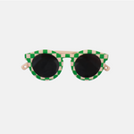 Lunettes de soleil pour enfants avec monture ronde à motif vichy vert et rose, branches souples rose, et verres noirs polarisés – modèle Hop'Pop CAT4, conçu pour une haute protection anti-UV.