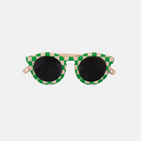 Lunettes de soleil pour enfants avec monture ronde à motif vichy vert et rose, branches souples rose, et verres noirs polarisés – modèle Hop'Pop CAT4, conçu pour une haute protection anti-UV.