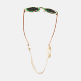 Lunettes de soleil pour enfants avec monture ronde à motif vichy vert et rose, branches souples rose, et verres noirs polarisés – modèle Hop'Pop CAT4, conçu pour une haute protection anti-UV.