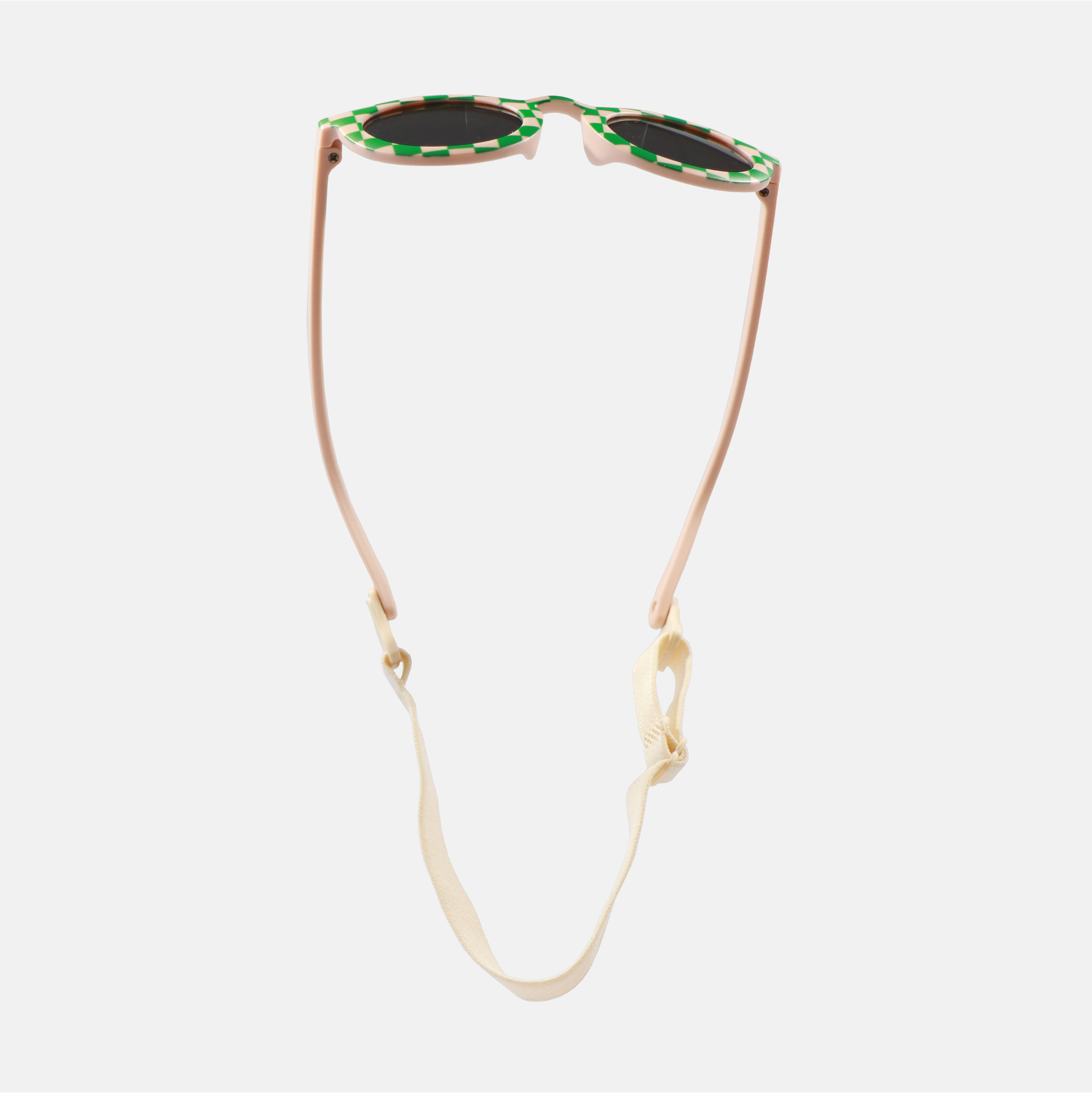 Lunettes de soleil pour enfants avec monture ronde à motif vichy vert et rose, branches souples rose, et verres noirs polarisés – modèle Hop'Pop CAT4, conçu pour une haute protection anti-UV.