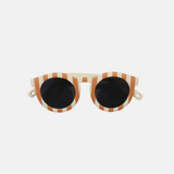 Lunettes de soleil pour enfants avec monture ronde à motif rayée rouge, branches souples crème, et verres noirs polarisés – modèle Hop'Pop CAT4, conçu pour une haute protection anti-UV.