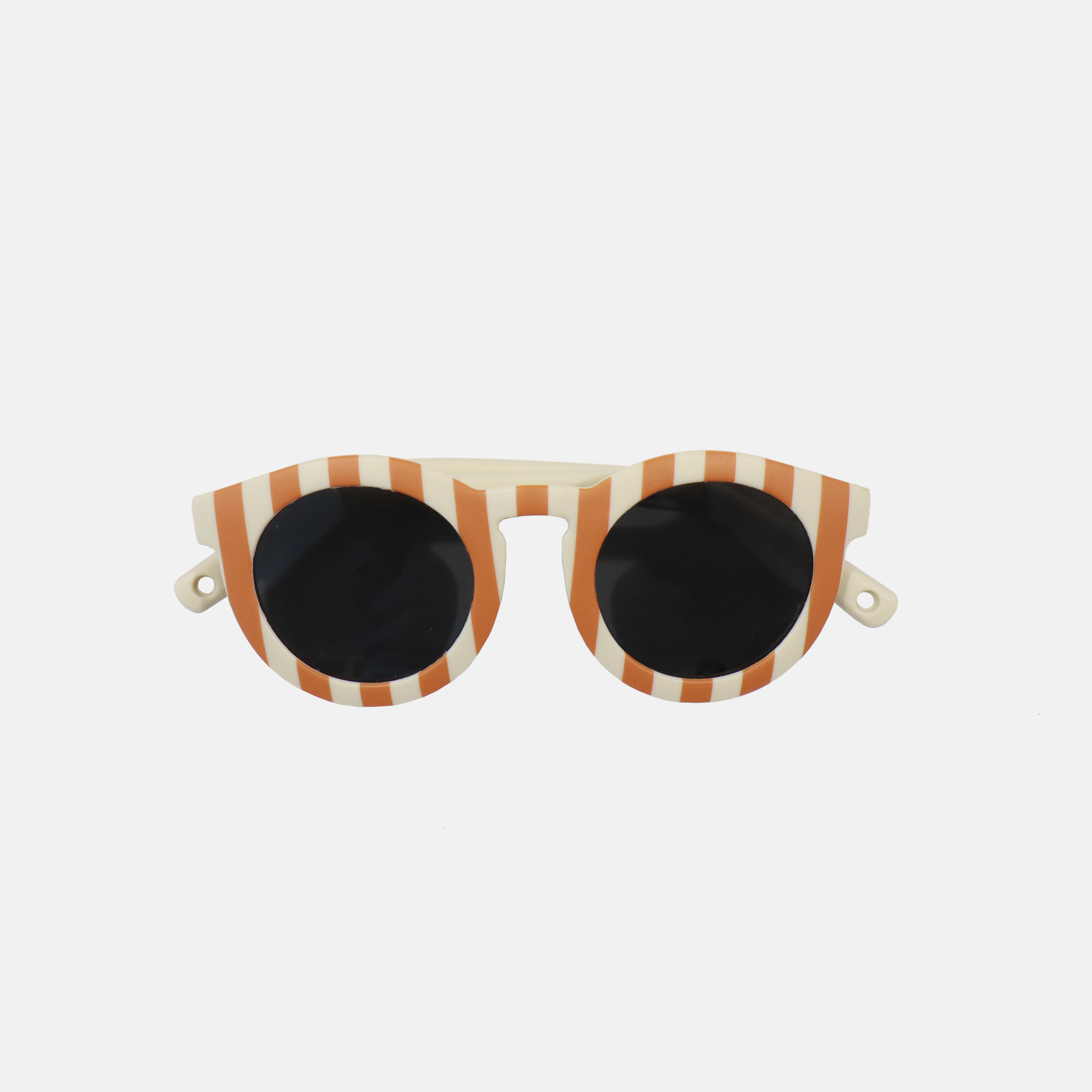 Lunettes de soleil pour enfants avec monture ronde à motif rayée rouge, branches souples crème, et verres noirs polarisés – modèle Hop'Pop CAT4, conçu pour une haute protection anti-UV.