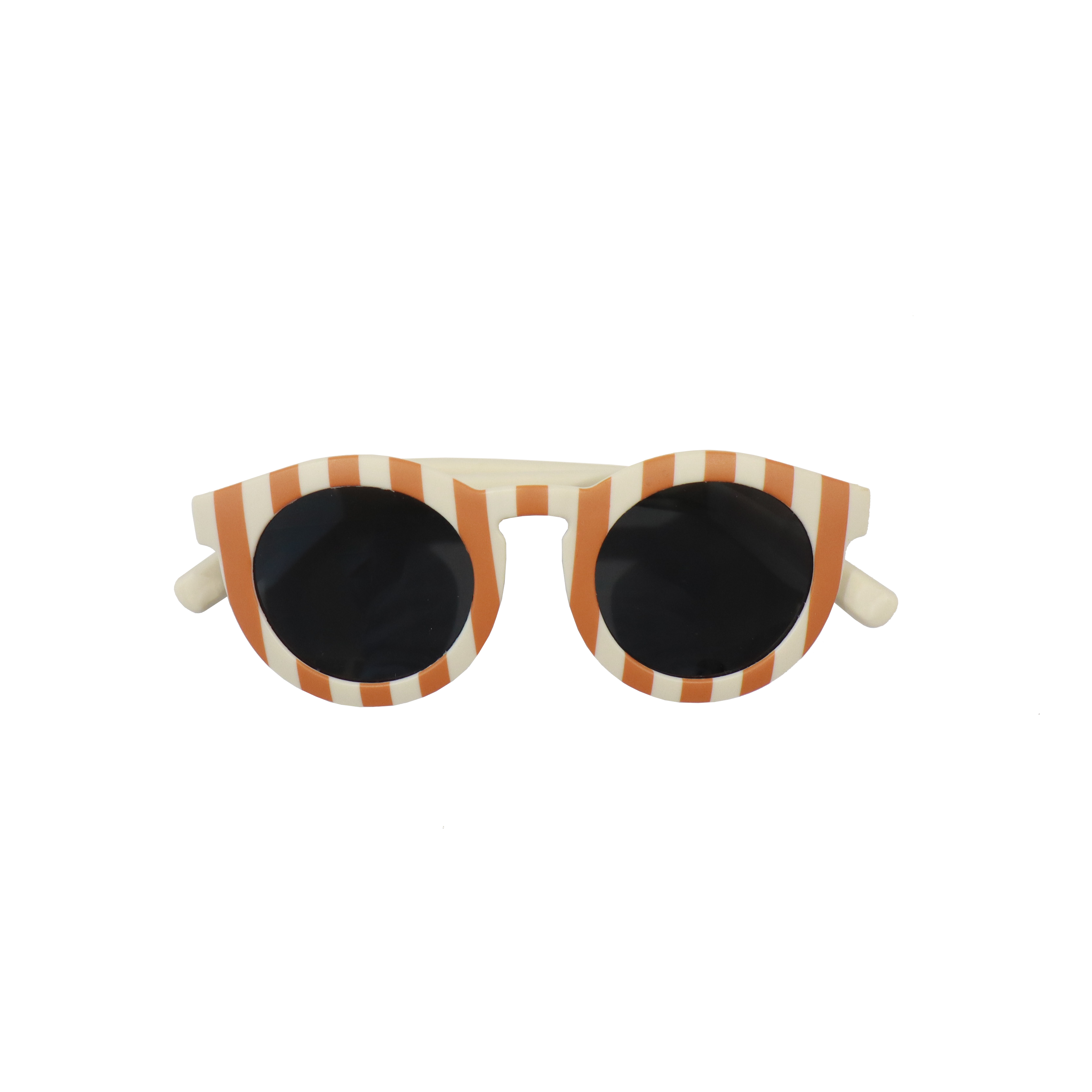 Lunettes de soleil pour adulte avec monture ronde à motif rayéé rouge, branches souples créme, et verres noirs polarisés – modèle Hop'Pop CAT3, conçu pour une haute protection anti-UV.