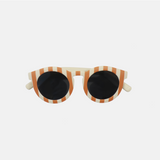 Lunettes de soleil pour adulte avec monture ronde à motif rayéé rouge, branches souples créme, et verres noirs polarisés – modèle Hop'Pop CAT3, conçu pour une haute protection anti-UV.