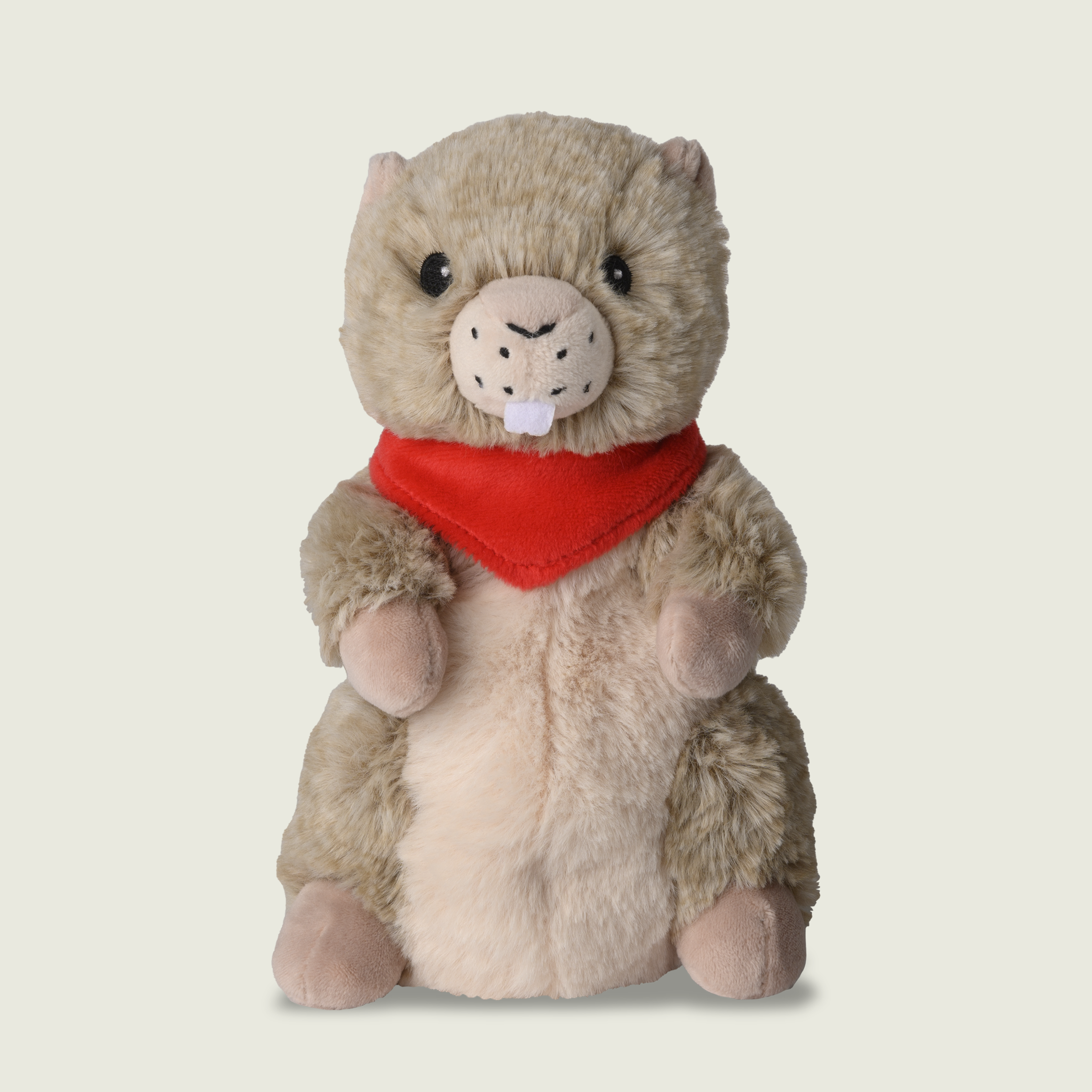 Peluche bouillotte bouc déhoussable, crème et marron clair, en position assise. 