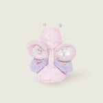 Peluche bouillotte juniors papillon, rose et violet pastel, avec ailes scintillantes et antennes, vue de dos