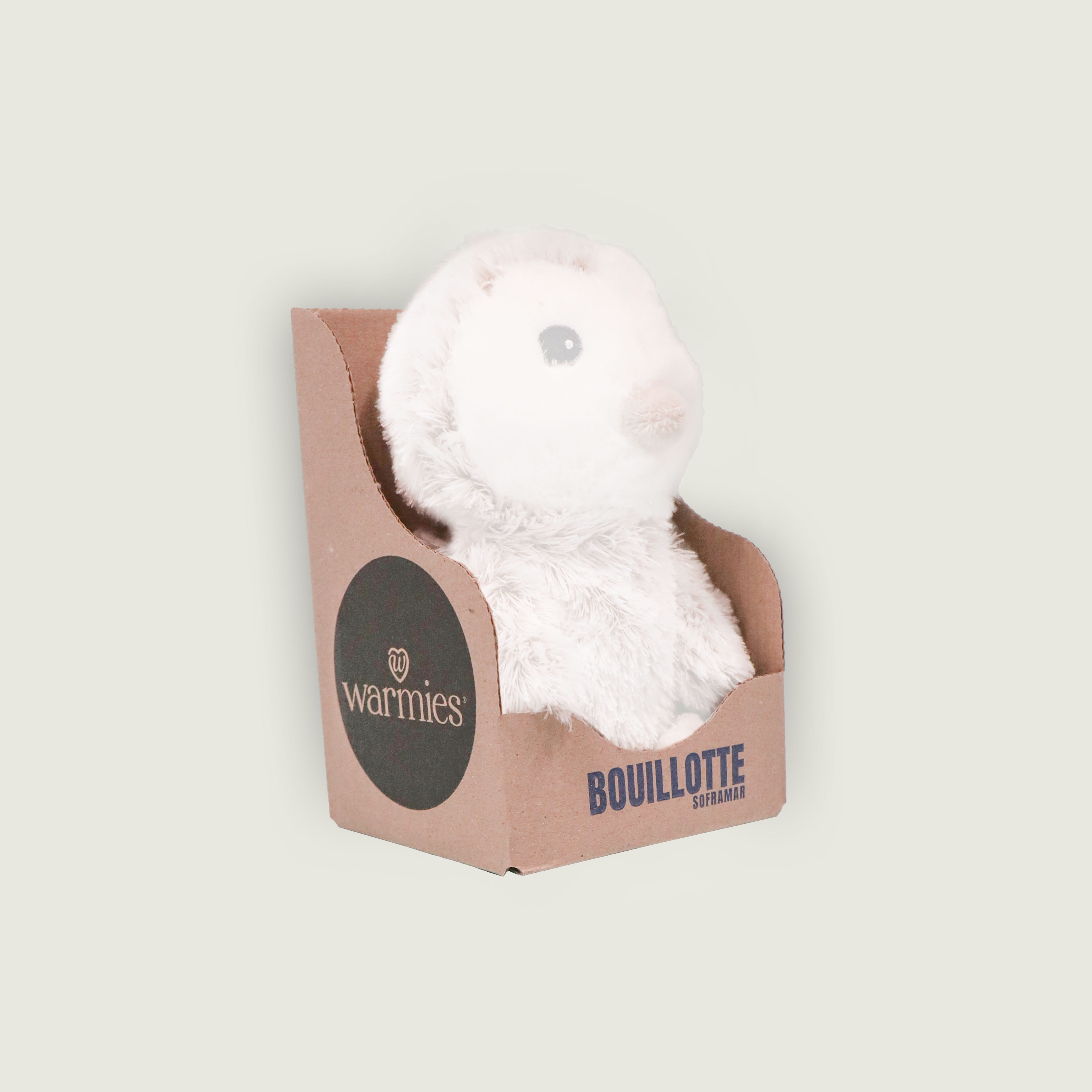 Petite boîte présentoir carton, vue trois-quarts.