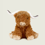 Peluche bouillotte déhoussable Vache Highland, marron à poils bouclés avec cornes blanches et noires. Vue de face