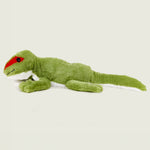 Peluche bouillotte déhoussable gecko verte, corps inférieur blanc, avec visage souriant et aplats rouge au niveau des yeux. Vue latérale