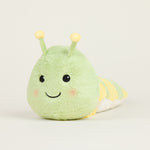 Peluche bouillotte juniors chenille, vert clair et rayée jaune avec antennes et visage souriant 