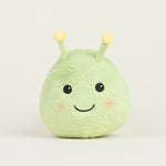 Peluche bouillotte juniors chenille, vert clair avec antennes et visage souriant, vue de face