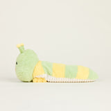 Peluche bouillotte juniors chenille, vert clair et rayée jaune avec antennes, vue de profil