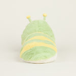 Peluche bouillotte juniors chenille, vert clair et rayée jaune avec antennes, vue de dos