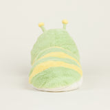 Peluche bouillotte juniors chenille, vert clair et rayée jaune avec antennes, vue de dos