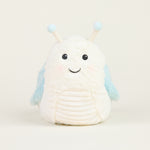Peluche bouillotte escargot, blanc et bleu pastel, avec antennes et visage souriant, vue de face