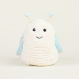 Peluche bouillotte escargot, blanc et bleu pastel, avec antennes et visage souriant, vue de face