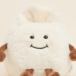 Peluche bouillotte Ravioli personnifié, crème et marron, avec visage souriant, bras et jambes. Vue rapprochée du visage