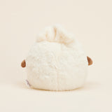 Peluche bouillotte Ravioli personnifié, crème et marron, avec bras et jambes. Vue de dos